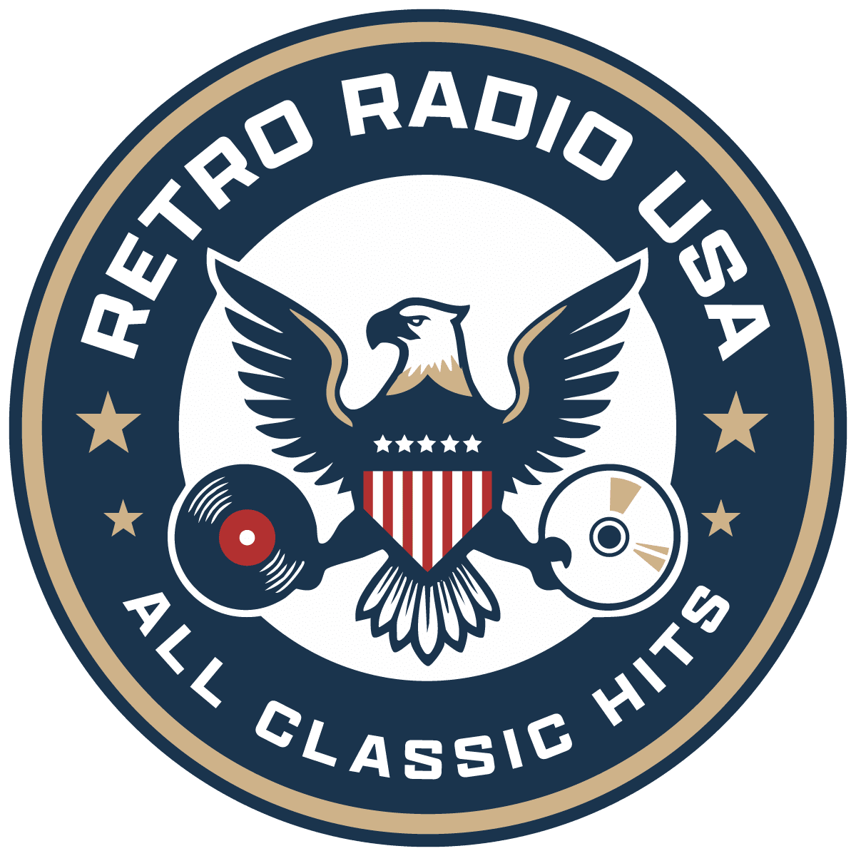 Logo of Retro Radio USA featuring an eagle and a vinyl record.